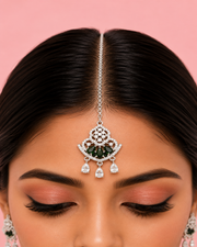 Silver-Tone Green Stone Designer Maang Tikka for Wedding