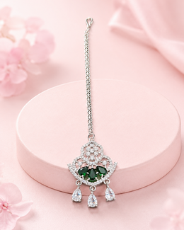 Silver-Tone Green Stone Designer Maang Tikka for Wedding