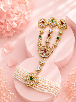 Gold-Tone Pearl Hathphool with AD Stones for Bridal & Festive Wear