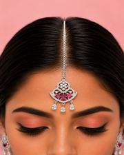 Floral AD Stone Maang Tikka with Pink Teardrop Stones for Bridal & Festive Wear