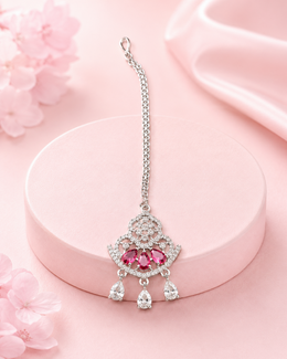 Floral AD Stone Maang Tikka with Pink Teardrop Stones for Bridal & Festive Wear