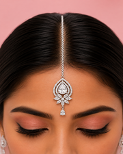 Pear Cut CZ Stone Silver-Tone Maang Tikka for Bridal & Party Wear