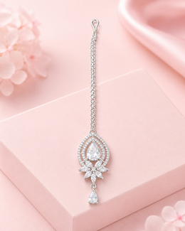 Pear Cut CZ Stone Silver-Tone Maang Tikka for Bridal & Party Wear