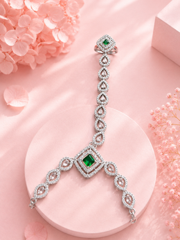 PM Aura Jewels Silver-Tone Green Stone Hand Harness Ring Bracelet