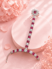 Floral Ruby Red AD Stone Hand Harness Ring Bracelet for Wedding & Party Wear