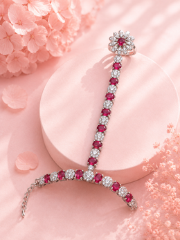 Floral Ruby Red AD Stone Hand Harness Ring Bracelet for Wedding & Party Wear