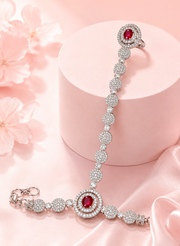 Silver-Tone Ruby AD Stone Hand Harness Ring Bracelet for Party & Wedding Wear