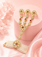 Traditional Gold-Tone Pearl Hand Harness with Red & White Stones