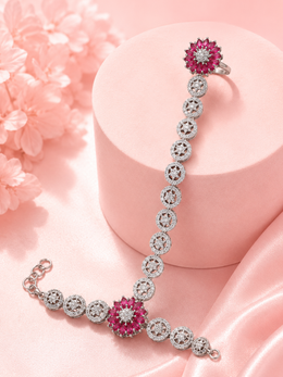 Floral Pink Stone Hand Harness Ring Bracelet for Wedding & Party Wear