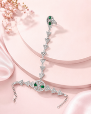 PM Aura Jewels Silver-Tone AD Stone Green Floral Hand Harness for Wedding
