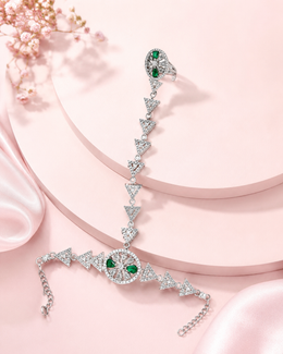 PM Aura Jewels Silver-Tone AD Stone Green Floral Hand Harness for Wedding