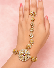 Gold-Tone Floral AD Stone Hathphool Ring Bracelet for Wedding Wear