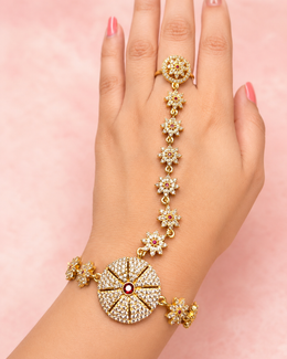 Gold-Tone Floral AD Stone Hathphool Ring Bracelet for Wedding Wear