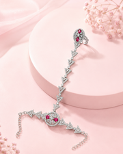 PM Aura Jewels Silver-Tone AD Stone Ruby Floral Hand Harness Ring for Wedding