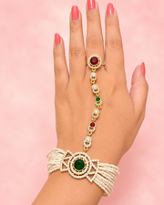 PM Aura Jewels Pearl Multi-Strand Hathphool with Green & Red Stone Party Wear