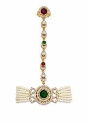 PM Aura Jewels Pearl Multi-Strand Hathphool with Green & Red Stone Party Wear