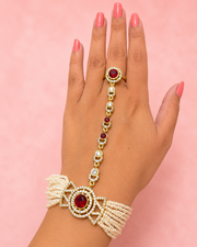 Traditional Pearl Hand Harness Ring Bracelet with Red AD Stone for Wedding & Festive Wear