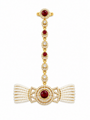 Traditional Pearl Hand Harness Ring Bracelet with Red AD Stone for Wedding & Festive Wear