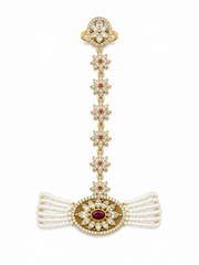 Gold-Tone Pearl Floral Hathphool with Ruby-Look Stone