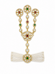 Gold-Tone Pearl Hathphool with AD Stones for Bridal & Festive Wear