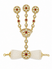 Traditional Gold-Tone Pearl Hand Harness with Red & White Stones