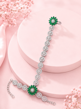 Elegant Silver-Tone Green Floral AD Stone Hathphool for Wedding Wear