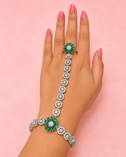 Elegant Silver-Tone Green Floral AD Stone Hathphool for Wedding Wear