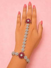 Floral Pink Stone Hand Harness Ring Bracelet for Wedding & Party Wear