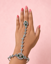 PM Aura Jewels Silver-Tone AD Stone Green Floral Hand Harness for Wedding