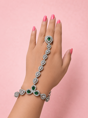 PM Aura Jewels Silver-Tone Green AD Stone Hand Harness for Wedding Wear