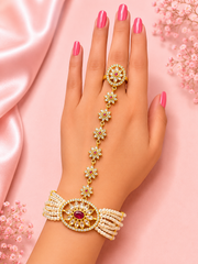 Gold-Tone Pearl Floral Hathphool with Ruby-Look Stone