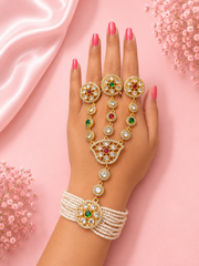 Gold-Tone Pearl Hathphool with AD Stones for Bridal & Festive Wear
