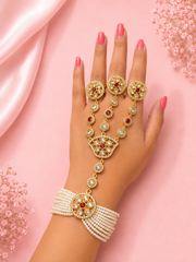 Traditional Gold-Tone Pearl Hand Harness with Red & White Stones