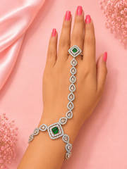 PM Aura Jewels Silver-Tone Green Stone Hand Harness Ring Bracelet