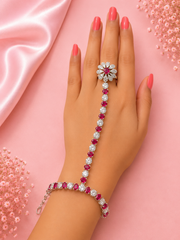 Floral Ruby Red AD Stone Hand Harness Ring Bracelet for Wedding & Party Wear