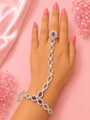 Silver-Tone Ruby AD Stone Hand Harness Ring Bracelet for Wedding Wear