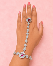 Silver-Tone Ruby AD Stone Hand Harness Ring Bracelet for Party & Wedding Wear