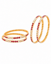 Fancy Stylish Ruby Red & White Stone Bangle Set (Set of 4) - Partywear Gold Polished Churiyan
