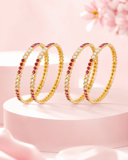 Fancy Stylish Ruby Red & White Stone Bangle Set (Set of 4) - Partywear Gold Polished Churiyan