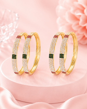 Fancy AD Stone Gold Plated Designer Bangle Set (Set of 4) - Stylish Red & Green Diamond Look Churiyan