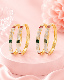 Fancy AD Stone Gold Plated Designer Bangle Set (Set of 4) - Stylish Red & Green Diamond Look Churiyan