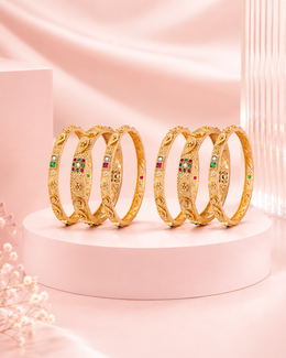 Premium Leaf Design Gold-Plated Bangle Set | Stylish Red-White Stone Kangan (Set of 2)