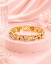 Stylish Partywear Gold Plated Pearl Kada | Fancy Red Green Stone Bangles (Set of 2)
