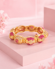 Traditional Gold Plated Ruby & White Stone Dome Shaped Openable Kadas | Scalloped Designer Artificial Kangan for Women | Pack of 2