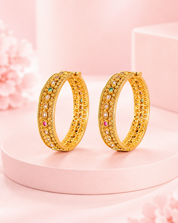 Fancy Red Stone Pearl Kada Set | Stylish Gold Plated Partywear Bangles (Set of 2)