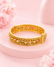 Fancy Red Stone Pearl Kada Set | Stylish Gold Plated Partywear Bangles (Set of 2)