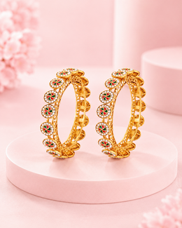 Fancy Gold Plated Swirl Design Pearl Kada Set | Stylish Partywear Bangles (Set of 2)
