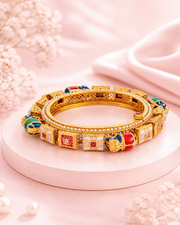 Traditional Gold Plated Gokhru Style Openable Kadas | Ruby & White Stone Studded Ethnic Bangle Set for Women | Pack of 2