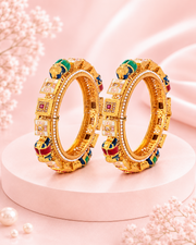 Traditional Gold Plated Gokhru Style Openable Kadas | Ruby & White Stone Studded Ethnic Bangle Set for Women | Pack of 2