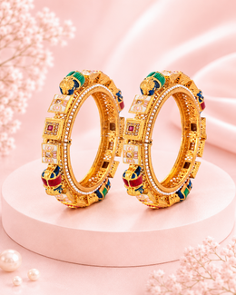 Traditional Gold Plated Gokhru Style Openable Kadas | Ruby & White Stone Studded Ethnic Bangle Set for Women | Pack of 2